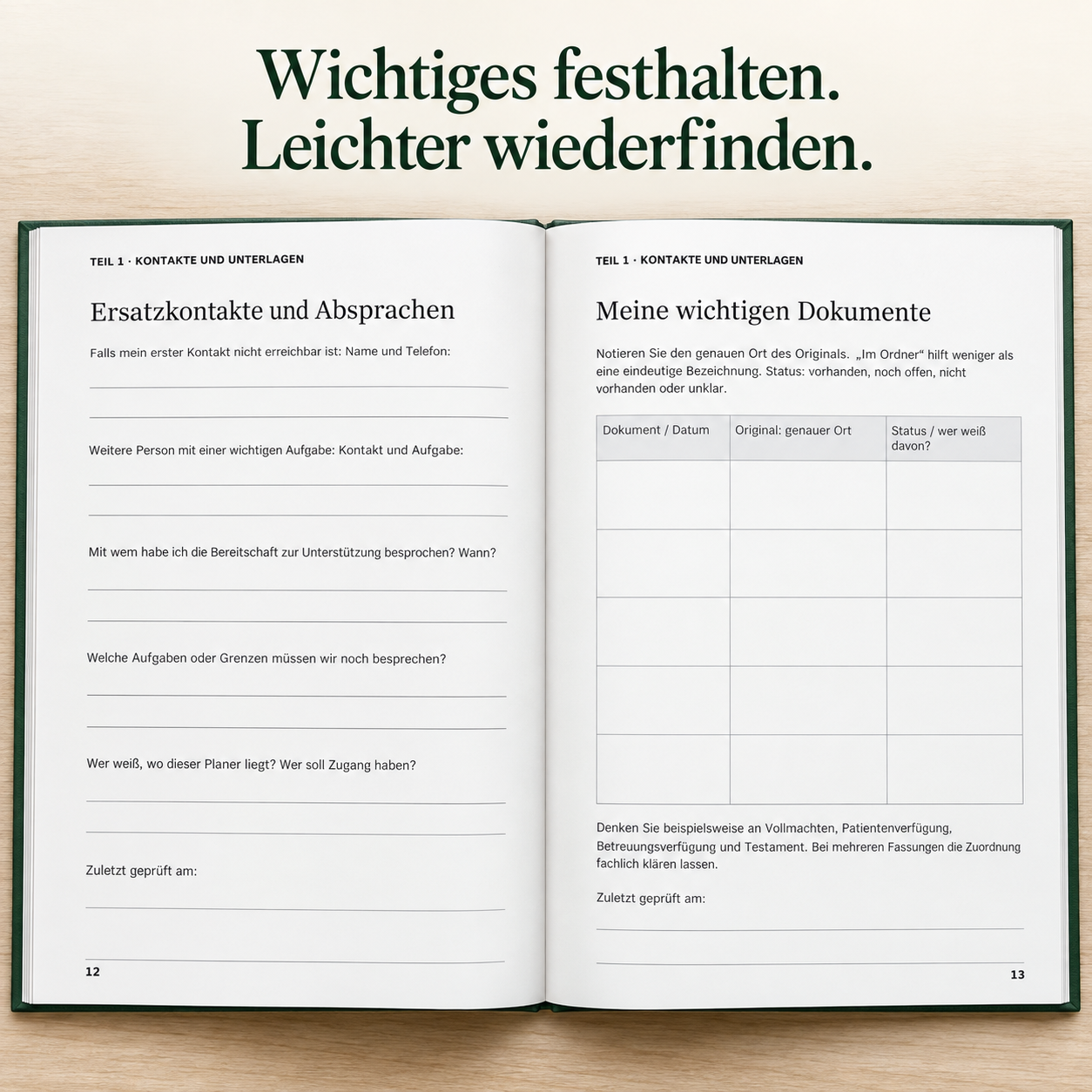 Seiten fuer Kontakte, Vertrauenspersonen und Dokumentenorte