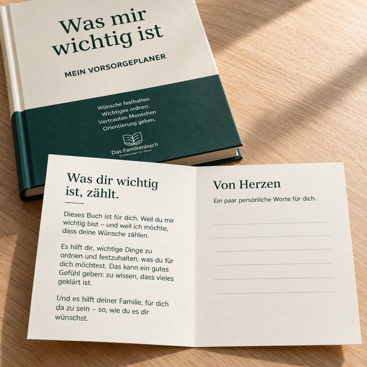 Geschenkkarte aufgeklappt mit Platz fuer persoenliche Worte