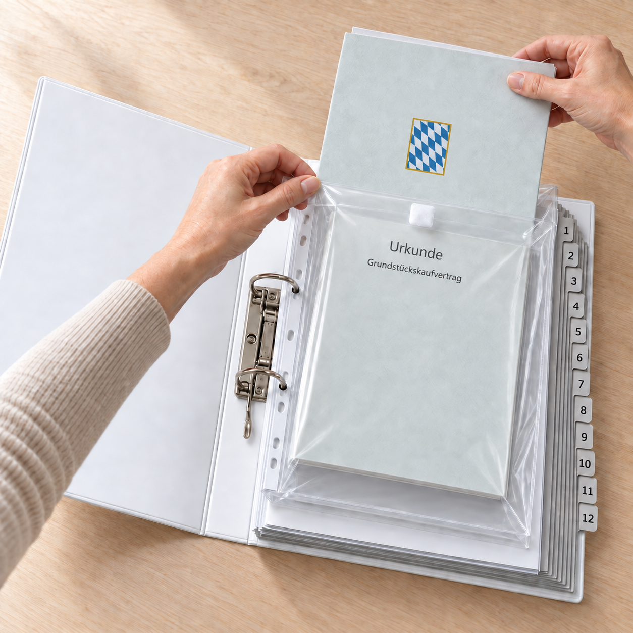 Urkunde wird ohne Lochen in die Dokumententasche des Vorsorge-Ordners eingelegt