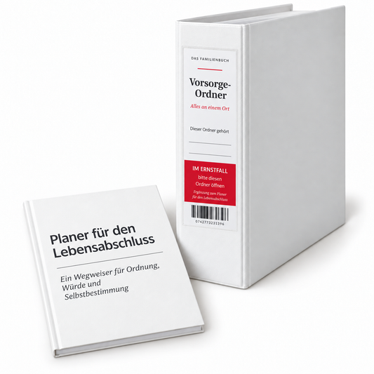 Set aus Planer für den Lebensabschluss und Vorsorge-Ordner mit beschriftetem Rückenschild